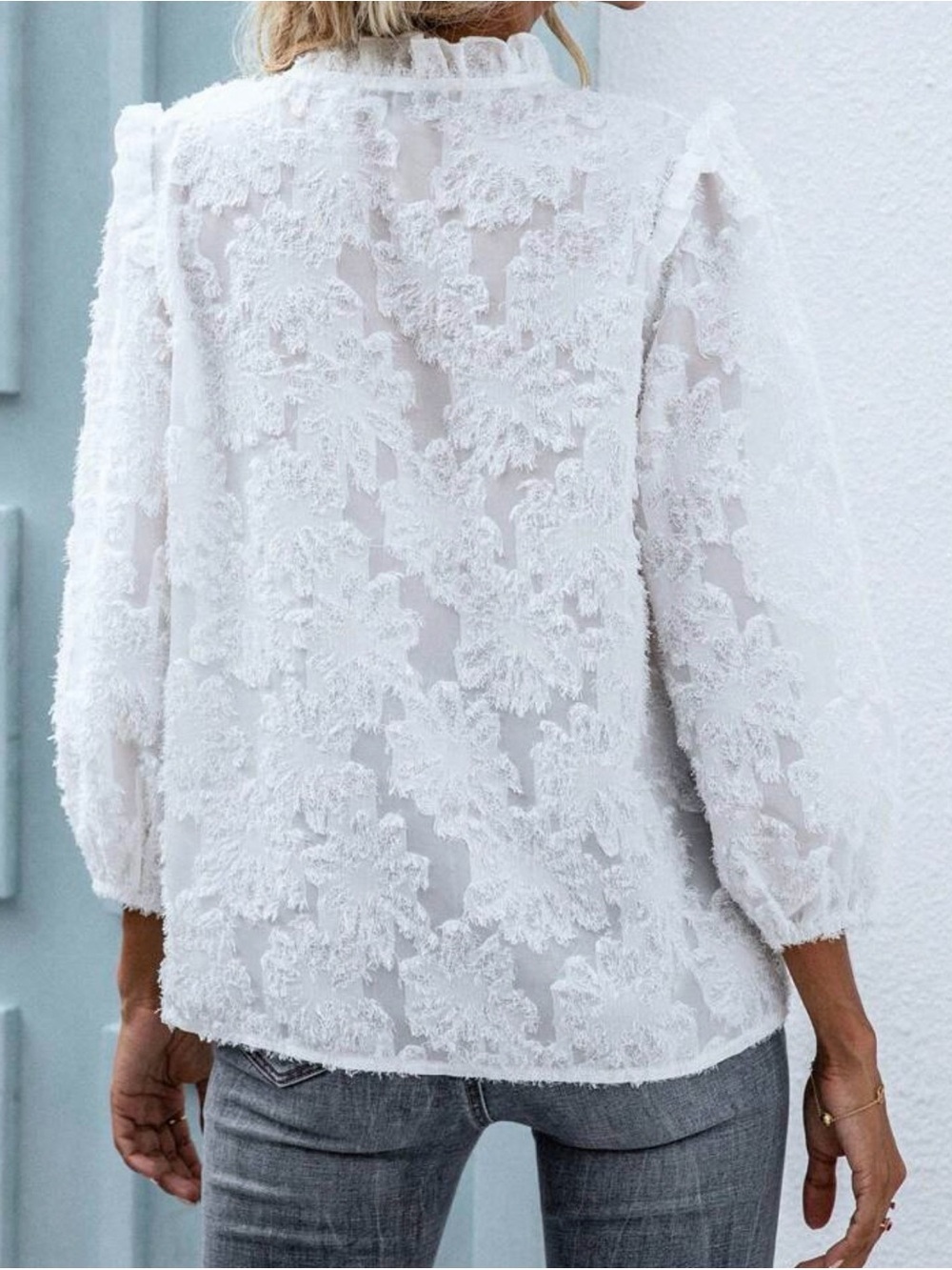 White Lace V-Neck Blouse by - Picture 2 of 4